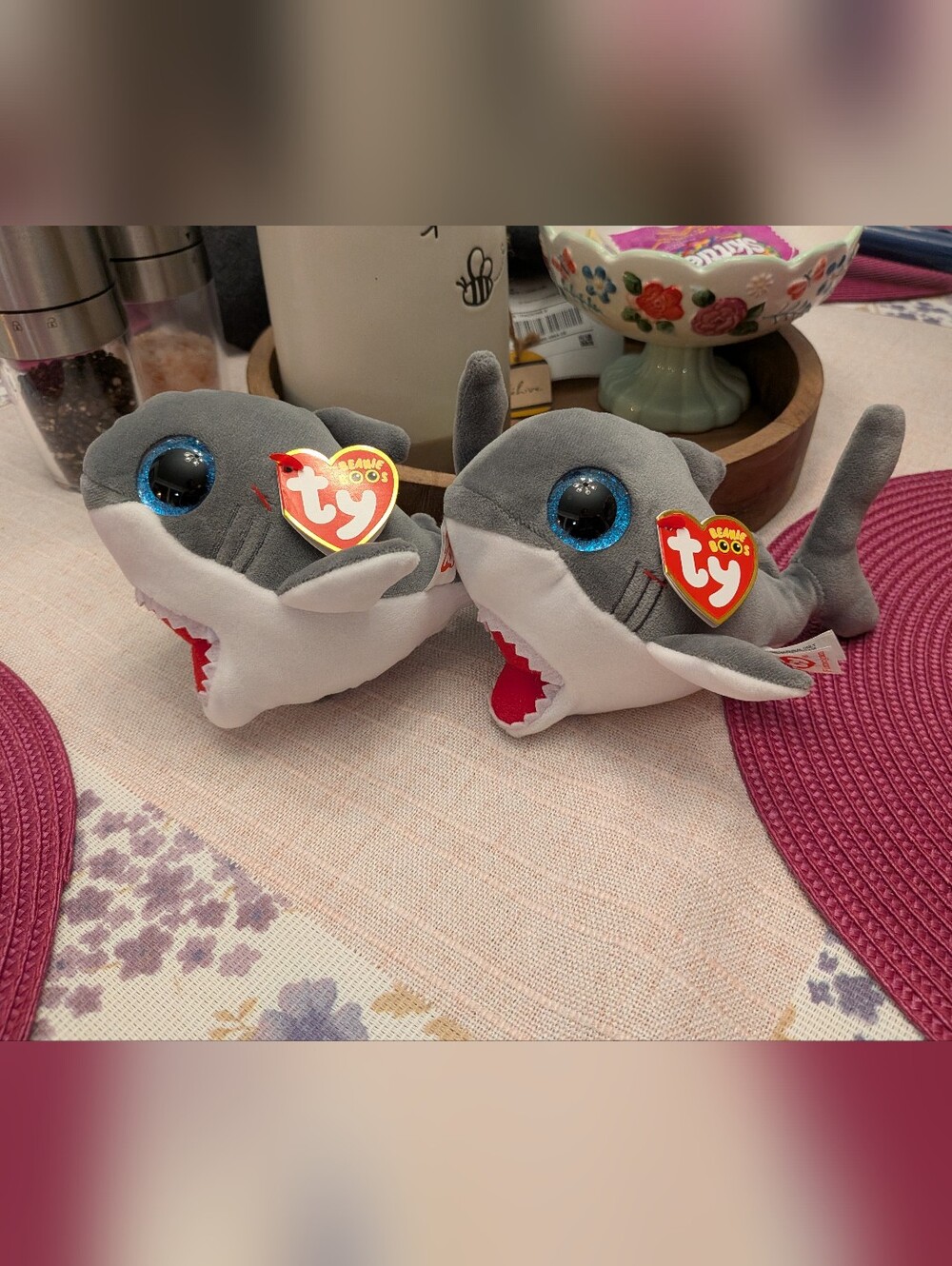 Ty Gray and White Shark Plush Duo with Blue Eyes